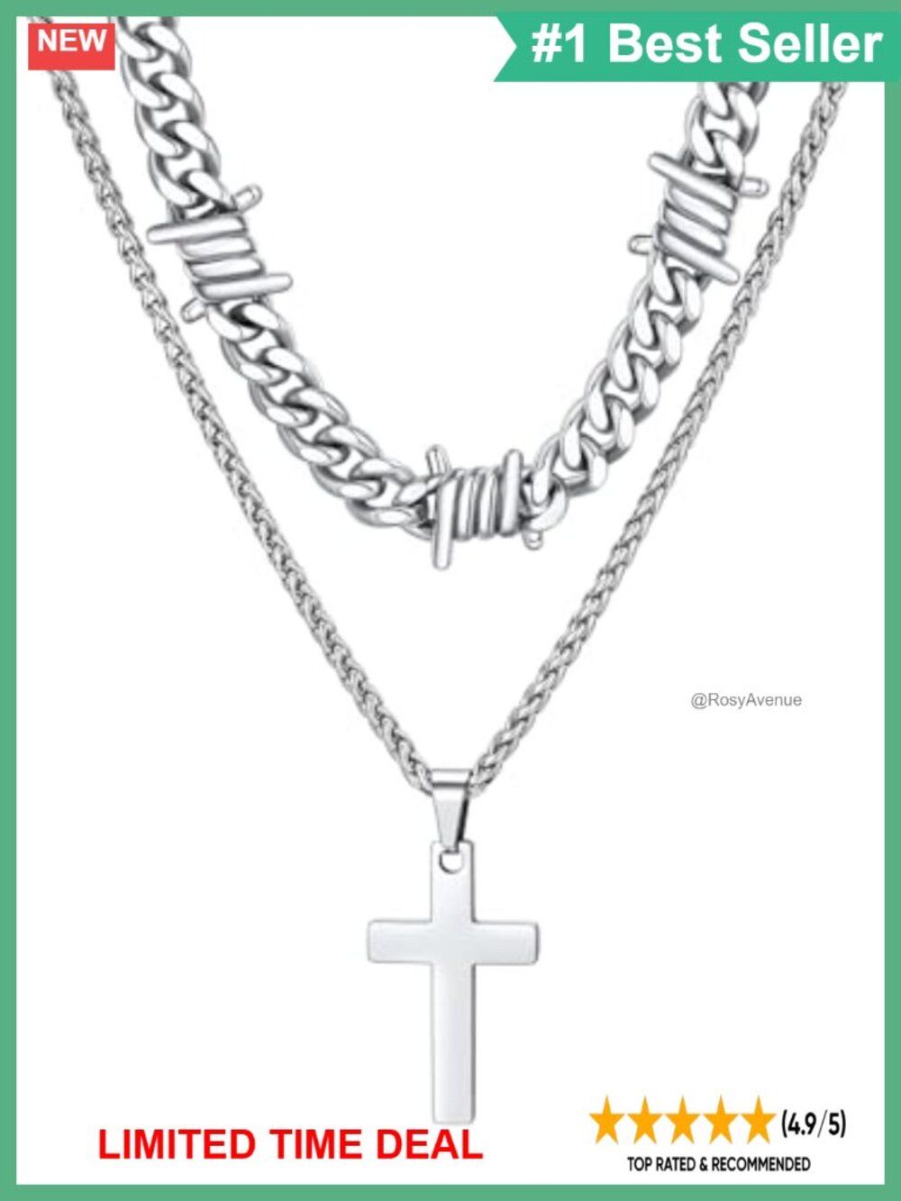 Men's Stainless Steel Layered Cross Necklace Set Cuban Chain Pendant